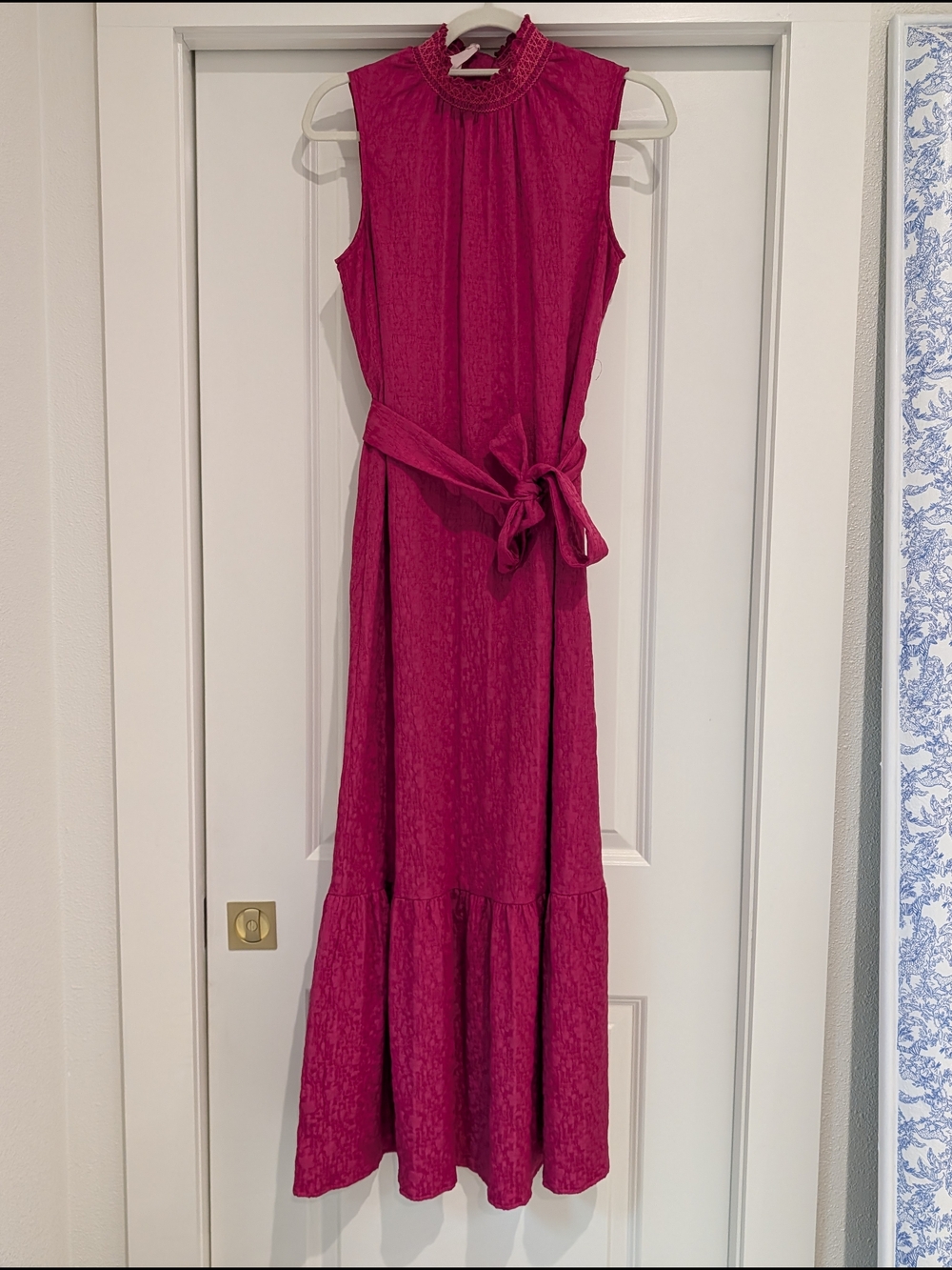Amadi Sleeveless Maxi Dress with High Ruffle Neck and Tie Belt in Fuchsia Size S